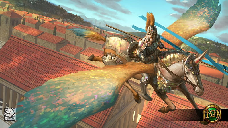 Plague Rider Olympus and Armor Pegasus, plague rider olympus, art, wings, armor pegasus, Heroes of Newerth, orange, game, man, horse, animal, fantasy, white, creature, blue, HD wallpaper