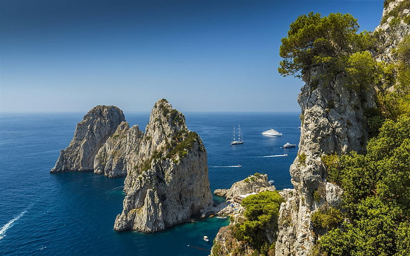 mediterranean sea, rock, coast, sea, Capri, Italy, Cruise Ship, Yacht, HD wallpaper