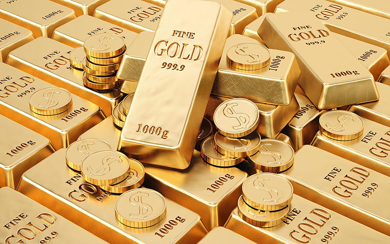 gold bars, gold coins, dollar sign, gold concepts, finance concepts, gold bullion, HD wallpaper