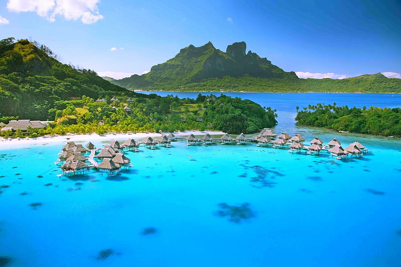 Crystalline Turquoise Waters Of Bora Bora, resort, forest, mount, bonito, lagoon, beach, French Polynesia, paradise, Pacific Ocean, island, HD wallpaper