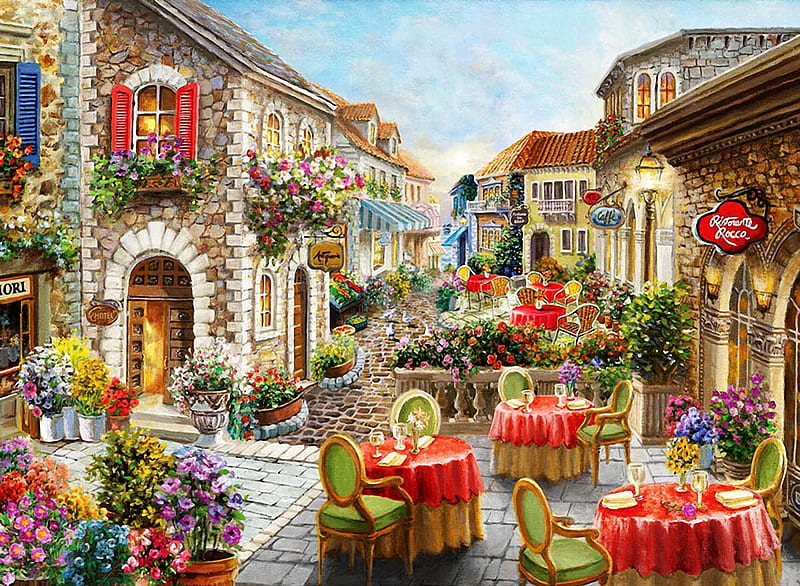 Fiori Caffes, houses, town, tables, painting, chairs, flowers, artwork, HD wallpaper