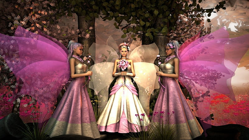 Trois Anges, femmes, flower, rose, ailes, HD wallpaper