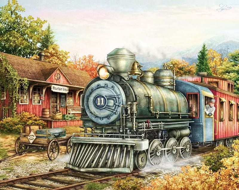 Train Station, locomotive, railway, steam, artwork, vintage, HD wallpaper