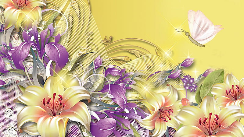 Golden Lilies, flowers, yellow, silk, lavender, gold, butterfly, purple, netting, papillon, flowers, lily, iris, HD wallpaper