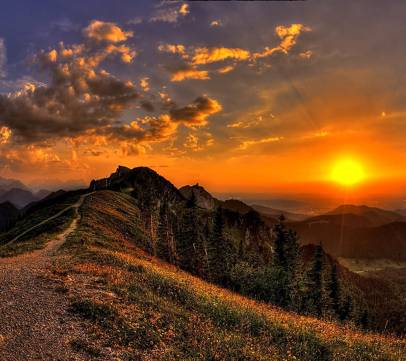 Sunset, clouds, mountains, path, sky, HD wallpaper