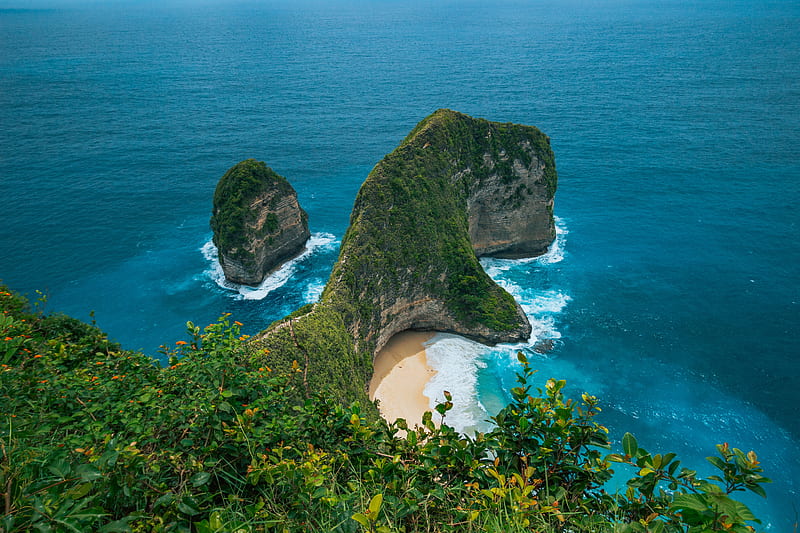 rock, cliff, sea, vegetation, HD wallpaper
