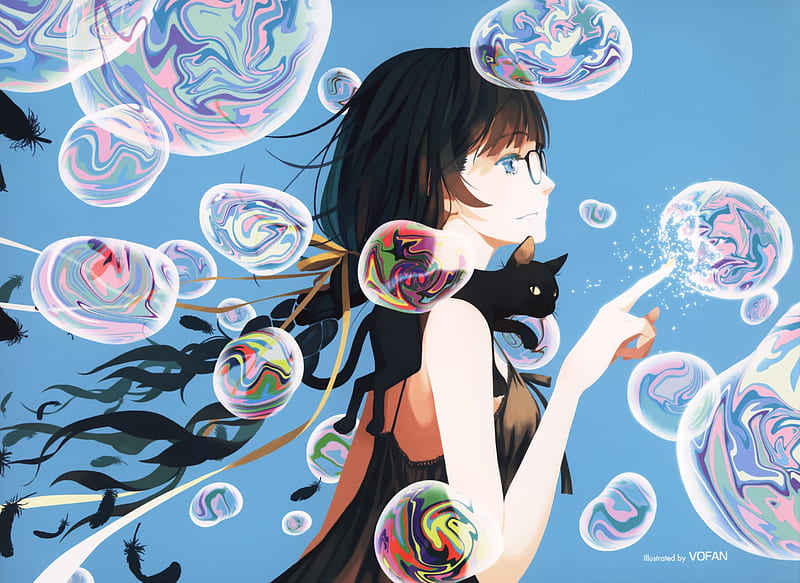 Anime, blue, art, girl, bubbles, manga, HD wallpaper