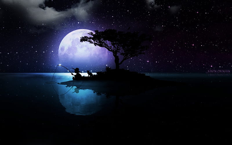 Fishing for both, stars, fantasy, moon, islnad, moonlight, sky, sea, HD wallpaper