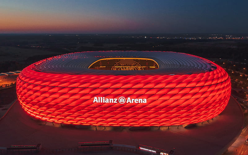 Allianz Arena, German football stadium, Munich, Germany, FC Bayern Munich Stadium, evening, sunset, red light, HD wallpaper