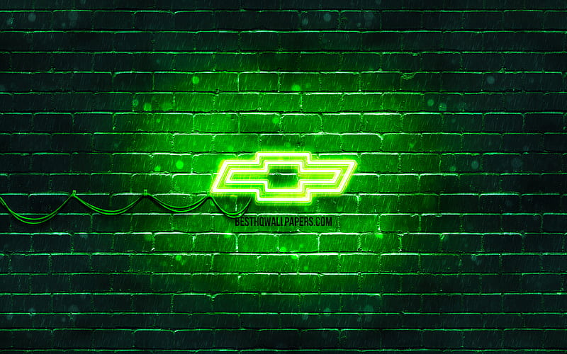 Chevrolet green logo green brickwall, Chevrolet logo, cars brands, Chevrolet neon logo, Chevrolet, HD wallpaper