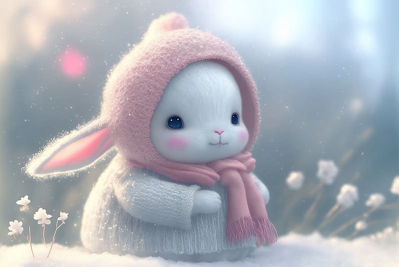 Bunny, pink, white, art, fantasy, rabit, iarna, winter, year of the rabbit, chinese zodiac, HD wallpaper