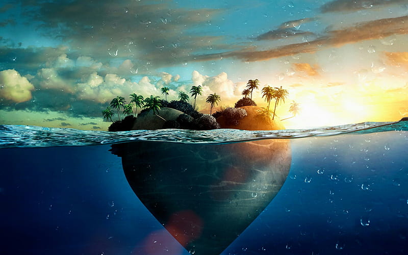Tropical island, 3d island, travel concepts, palms, island heart, summer, HD wallpaper