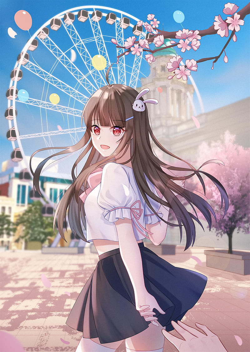 girl, glance, ferris wheel, amusement park, anime, art, HD phone wallpaper