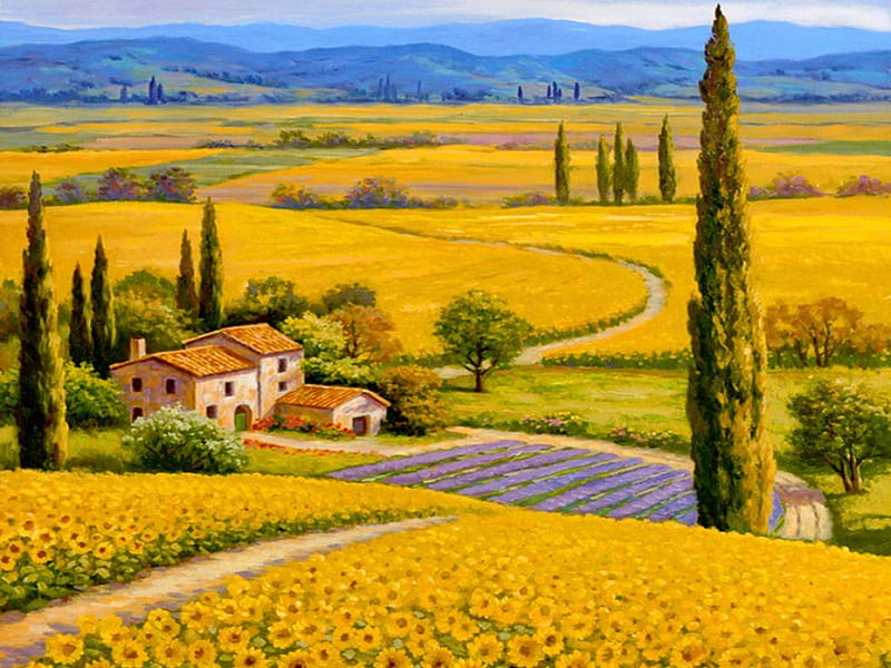 Sunflowers, pretty, cottage, yellow, bonito, countryside, painting, path, village, art, lovely, view, houses, peaceful, summer, nature, meadow, field, HD wallpaper