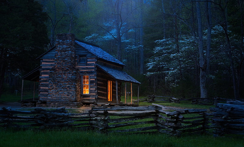 Mountain Cabin, Twilight, Forest, Log cabin, Fence, House, HD wallpaper