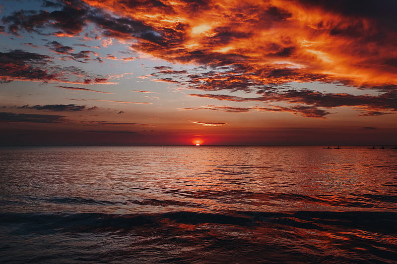 sunset, sea, horizon, dusk, landscape, HD wallpaper