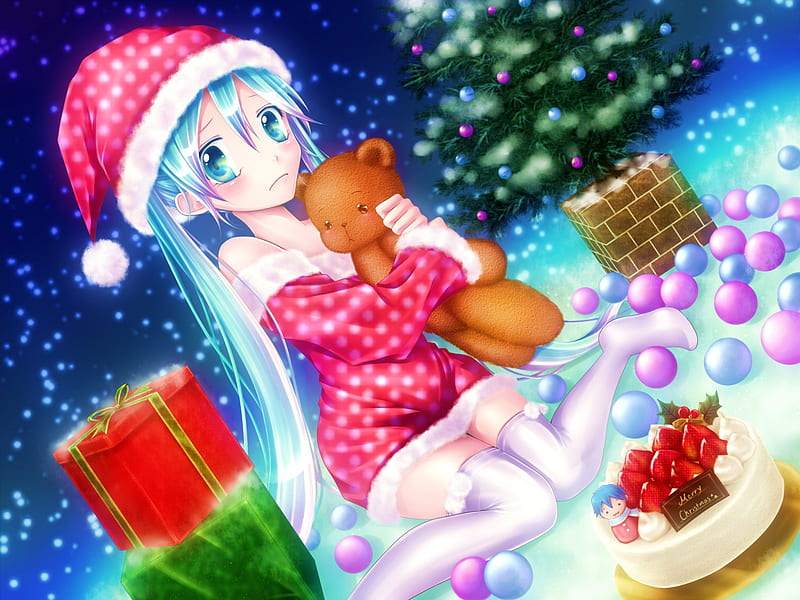 Cute Christmas, cake, santa claus out fit, christmas tree, christmas, hatsune miku, blush, presents, teddy bear, HD wallpaper