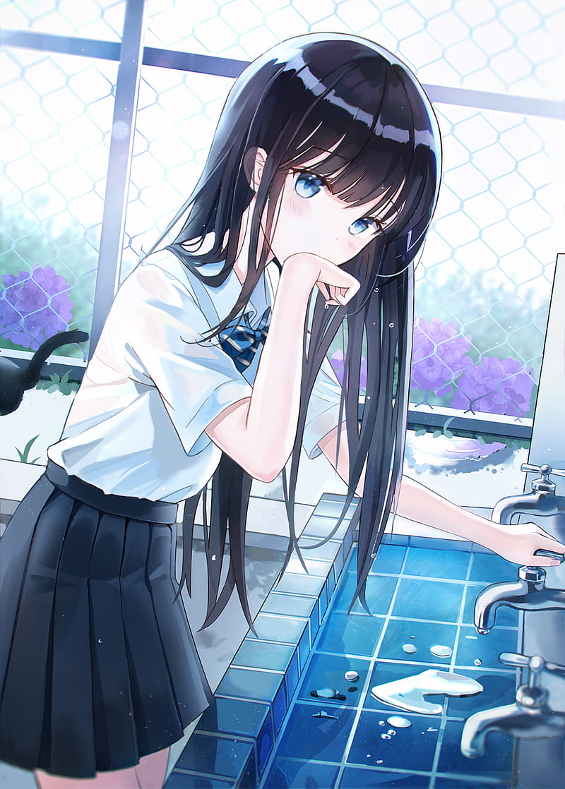 anime, anime girls, Hand on mouth, vertical, faucets, school uniform, black hair, blue eyes, Iren Lovel, HD phone wallpaper