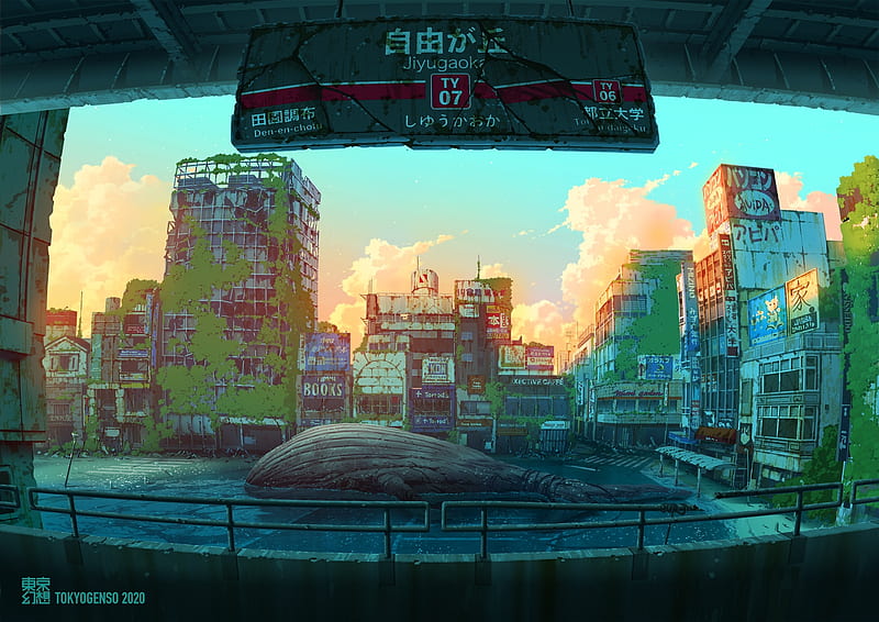 post-apocalyptic anime landscape, moss, ruins, destruction, abandoned city, Anime, HD wallpaper