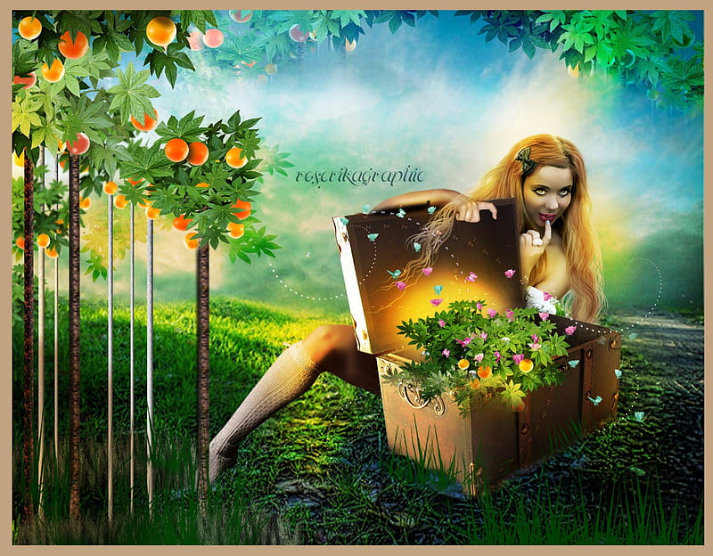 **Oranges Plantation**, pretty, fruits, women, sweet, fantasy, splendor, grasses, love, flowers, face, resources, lovely, models, birds, lips, trees, oranges, cool, trunk, eyes, colorful, dress, manipulation, bonito, digital art, hair, leaves, people, girls, light, gorgeous, animals, female, plantation, colors, butterflies, agriculture, farmland, shines, plants, HD wallpaper