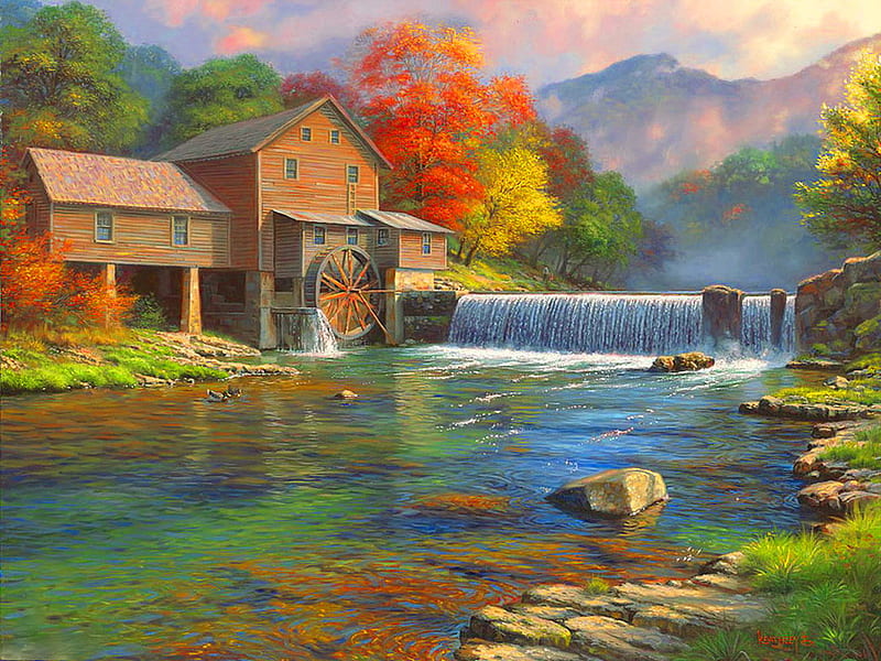 Watermill near the mountain river, mountain, fall, autumn, watermill, nature, river, HD wallpaper