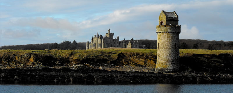 Balfour Castle (Dual Monitor), architecture, islands, balfour, orkney, water, shapinsay, tower, scotland, castle, deuce, HD wallpaper