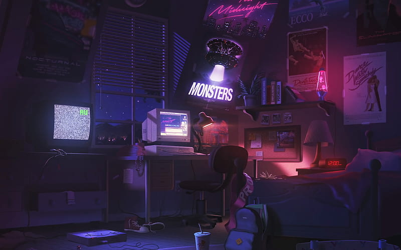 art, room, anime, monsters, space, night, HD wallpaper