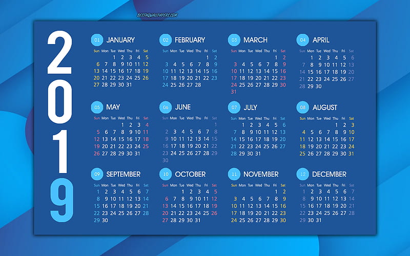 Blue 2019 calendar, creative blue background, abstract background, all months of 2019, art, 2019 calendar, HD wallpaper