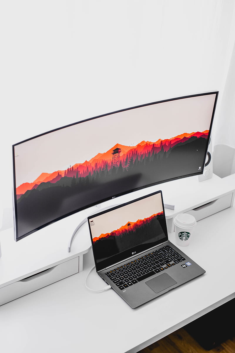 laptop computer beside curved monitor, HD phone wallpaper