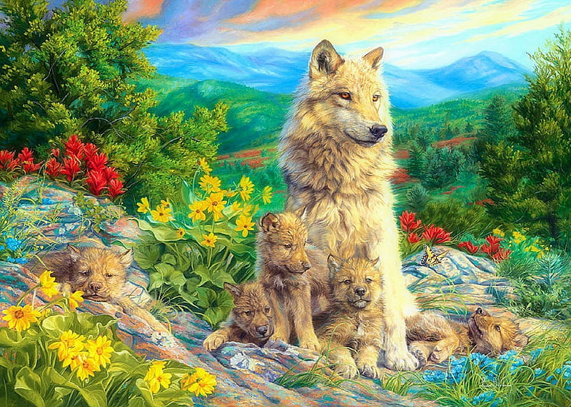 ★Family Time of Wolves★, family, grass, bonito, seasons, paintings, landscapes, flowers, forests, scenery, animals, lovely, love four seasons, creative pre-made, spring, wildlife, babies, nature, wolves, HD wallpaper