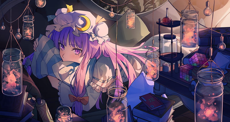 Anime, Touhou, Girl, Long Hair, Patchouli Knowledge, Purple Eyes, Purple Hair, HD wallpaper