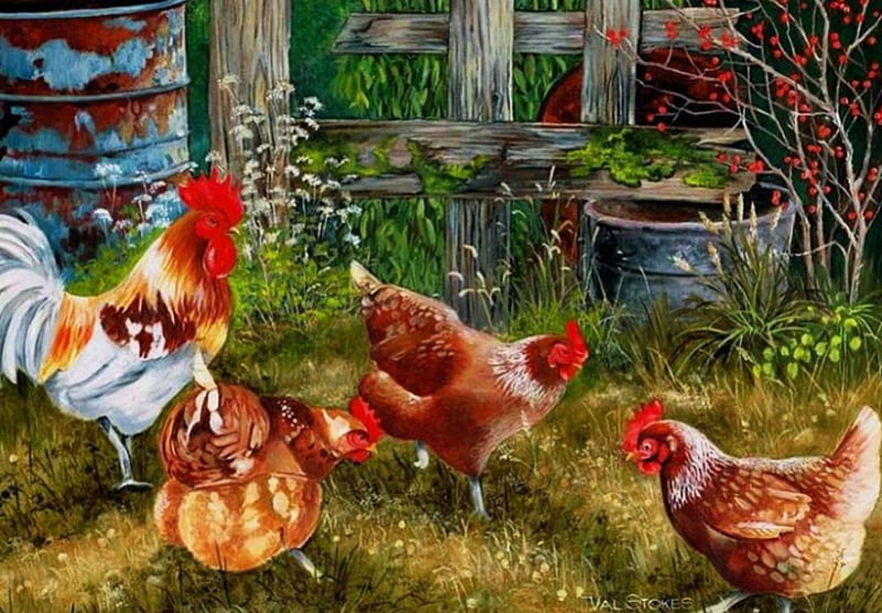 On the Farm, rooster, hens, painting, poultry, artwork, HD wallpaper
