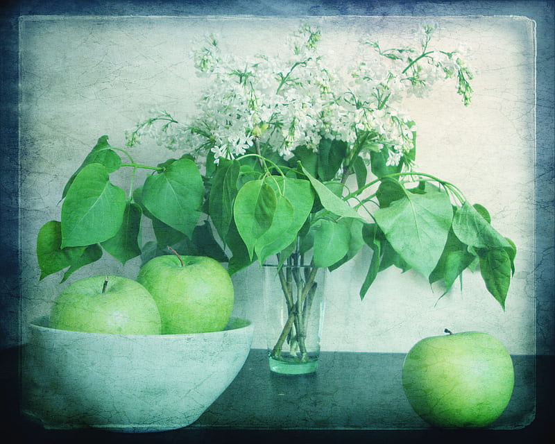 Green Theme, still life, apples, texture, lilacs, HD wallpaper