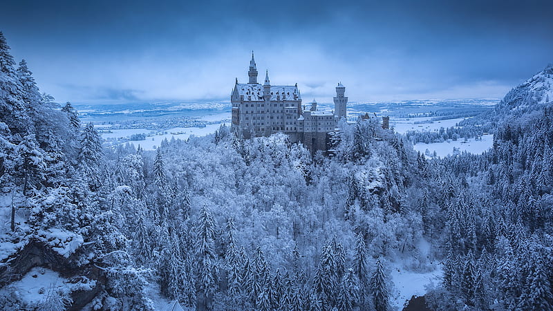Castles, Neuschwanstein Castle, Castle, Forest, Germany, Snow, Winter, HD wallpaper