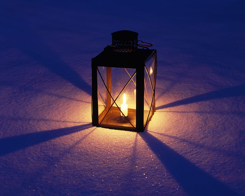 Lantern, candle, darkness, light, snow, HD wallpaper