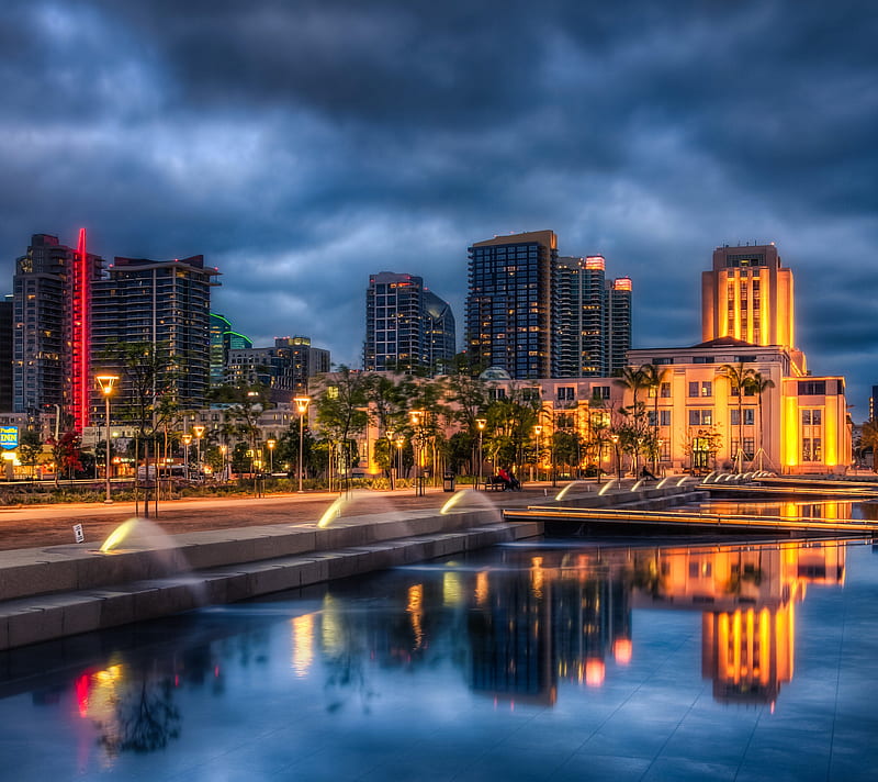 San Diego, america, cities, fountains, night, usa, HD wallpaper