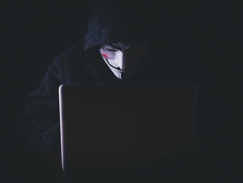anonymous, hacker, mask, hood, laptop, dark, HD wallpaper