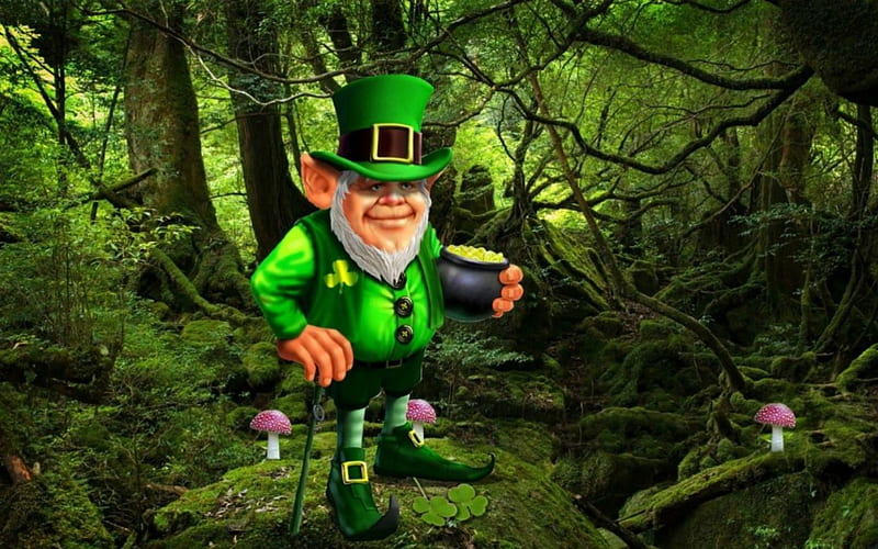 Leprechaun and His Pot of Gold, forest, money, Leprechaun, Saint Patricks Day, cane, pot, coins, trees, pot of gold, hat, top hat, clovers, gold, mushrooms, shamrocks, Patricks Day, HD wallpaper