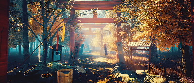 Torii Gate, gate, original, autumn, torii, japanese, onsen, fantasy, japan, anime, scenery, HD wallpaper