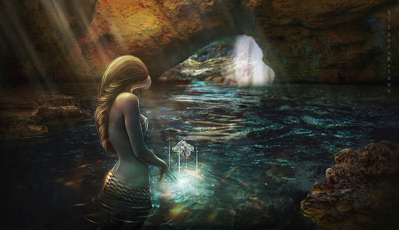 Mermaid’s Magic, lovely, dreamy, Mermaid, magical, mythical, sea, cave, HD wallpaper