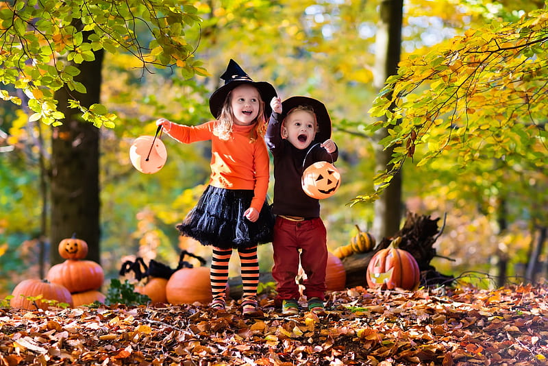 Happy Halloween!, witch, boy, girl, pumpkin, halloween, copil, children, hat, forest, HD wallpaper