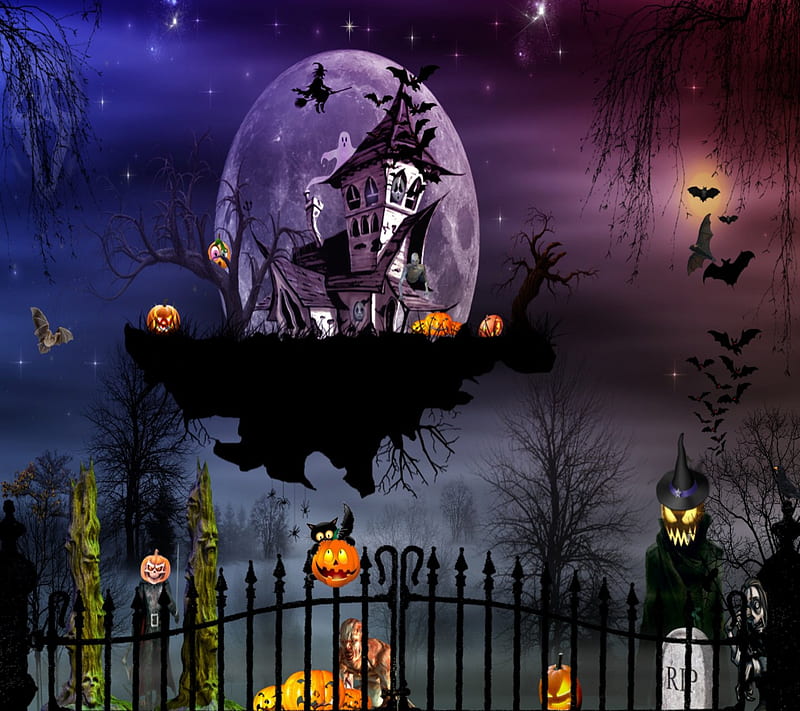 Halloween House, fence, witch, house, bats, halloween, bonito, moon, light, blue, night, art, lanterns, black, abstract, purple, white, pumpkins, HD wallpaper