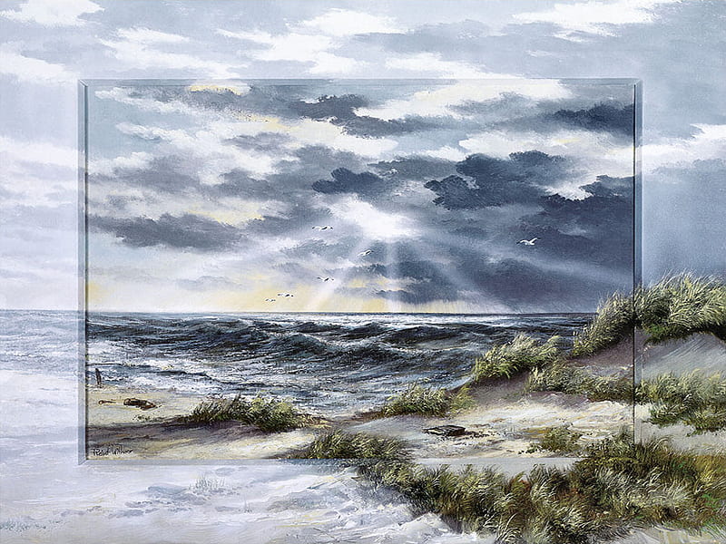 Meeres Dunen , art, beachgrass, sunlight, clouds, artwork, reint withaar, withaar, beach, dunes, painting, seascape, scenery, HD wallpaper