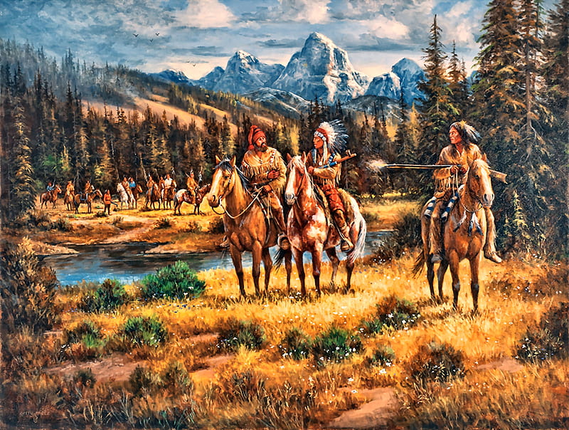 Trapper With Native Americans F, art, painting, wide screen, Native American, bonito, illustration, artwork, landscape, HD wallpaper