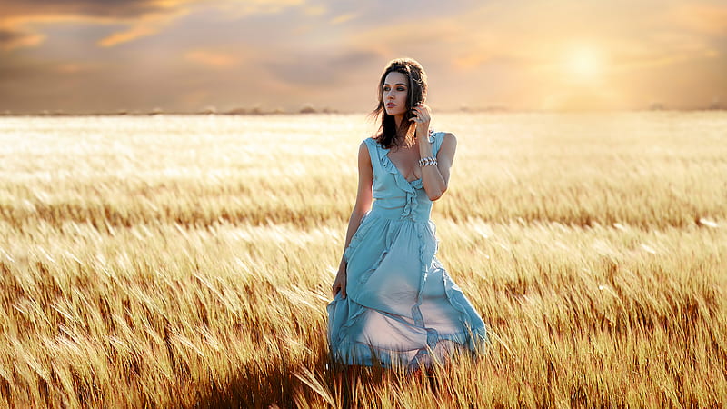 Blue Dress Girl Field Summers , girls, model, field, outdoors, blue-dress, HD wallpaper