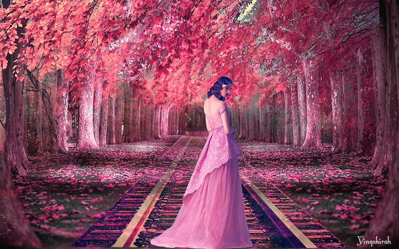 Beautiful Maiden, art, railway, trees, woman, HD wallpaper | Peakpx