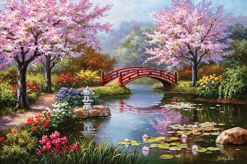 Paradise garden, pretty, colorful, shore, bonito, nice, bridge, painting, flowers, reflection, quiet, calmness, lovely, lilies, park, lake, pond, water, tranquil, serenity, paradise, blossoms, garden, blooming, HD wallpaper