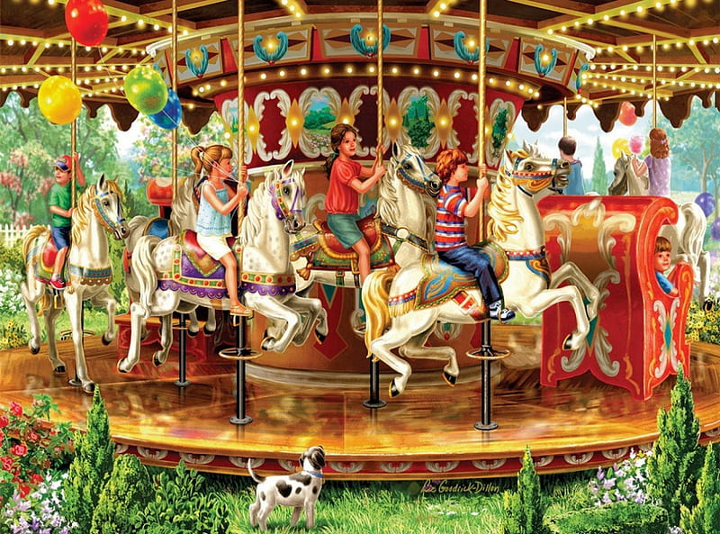 Merry-Go-Round, carousel, painting, children, funfair, artwork, horses, HD wallpaper