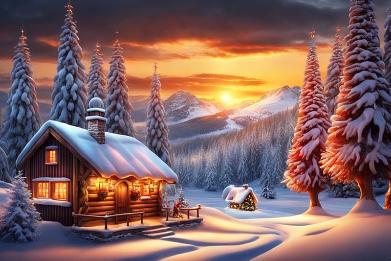 Magical winter evening in the mountains, evad, este, fahaz, kunyho, bekes, utak, fak, fenyok, hazak, hegyek, egbolt, fenyek, erdo, havas, ho, tel, HD wallpaper