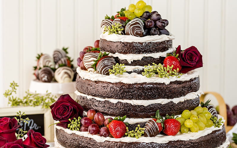 wedding cake, fruit, chocolate multi-tiered cake, wedding concepts, sweets, baked goods, HD wallpaper